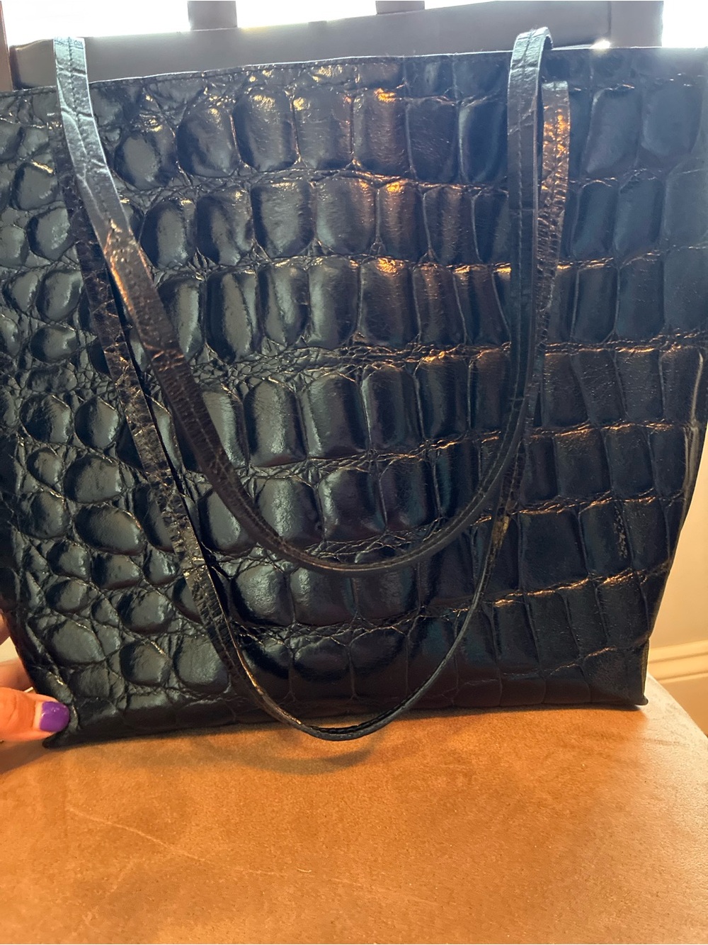 Furla Black Croc-Embossed Leather Tote